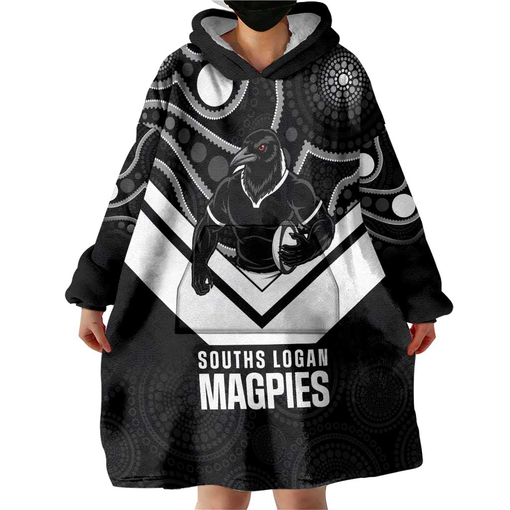 Souths Rugby Custom Wearable Blanket Hoodie Go Magpies Mascot Aboriginal Art - Aussie Hoodie