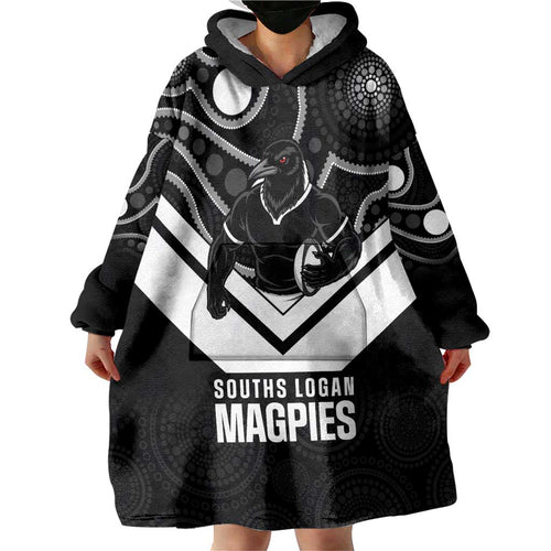 Souths Rugby Custom Wearable Blanket Hoodie Go Magpies Mascot Aboriginal Art - Aussie Hoodie
