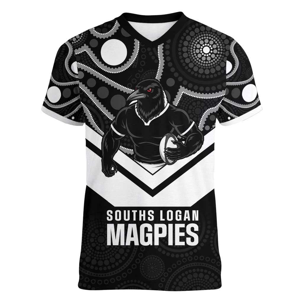 Souths Rugby Custom Women V-Neck T-Shirt Go Magpies Mascot Aboriginal Art - Aussie Hoodie