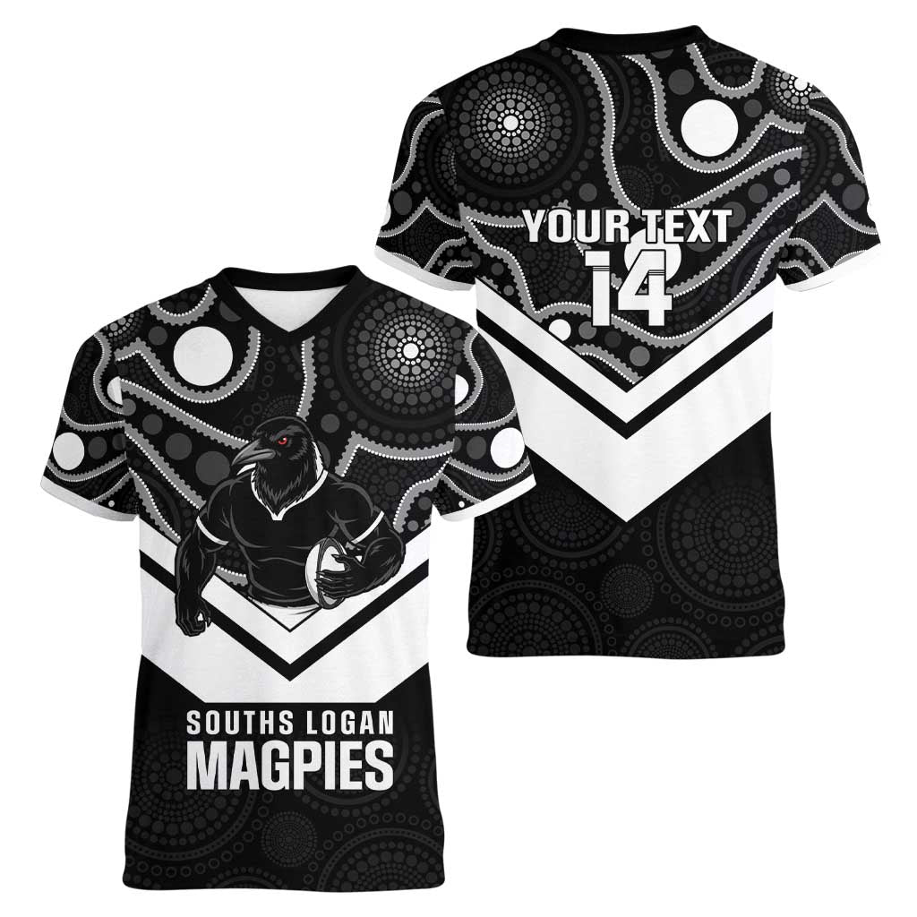 Souths Rugby Custom Women V-Neck T-Shirt Go Magpies Mascot Aboriginal Art - Aussie Hoodie