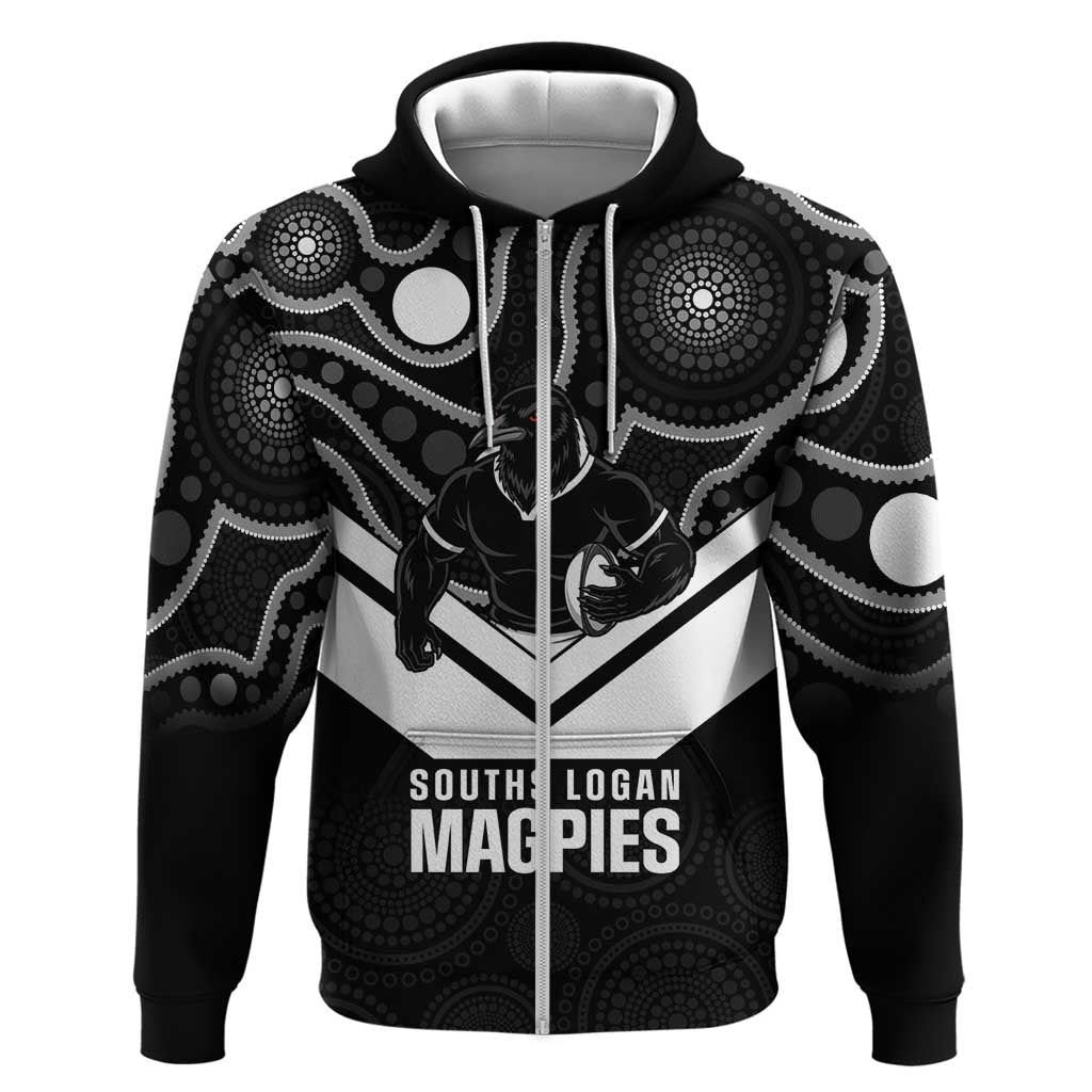 Souths Rugby Custom Zip Hoodie Go Magpies Mascot Aboriginal Art - Aussie Hoodie