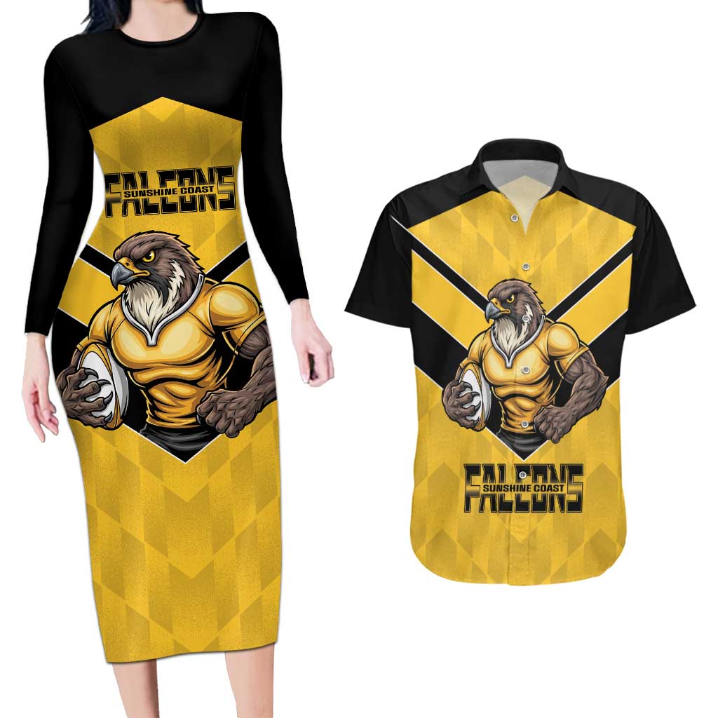 Sunshine Coast Rugby Custom Couples Matching Long Sleeve Bodycon Dress and Hawaiian Shirt Go Falcons Mascot Sporty Style - Aussie Hoodie
