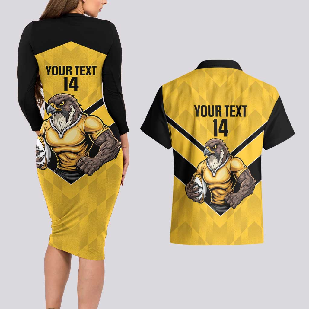 Sunshine Coast Rugby Custom Couples Matching Long Sleeve Bodycon Dress and Hawaiian Shirt Go Falcons Mascot Sporty Style - Aussie Hoodie
