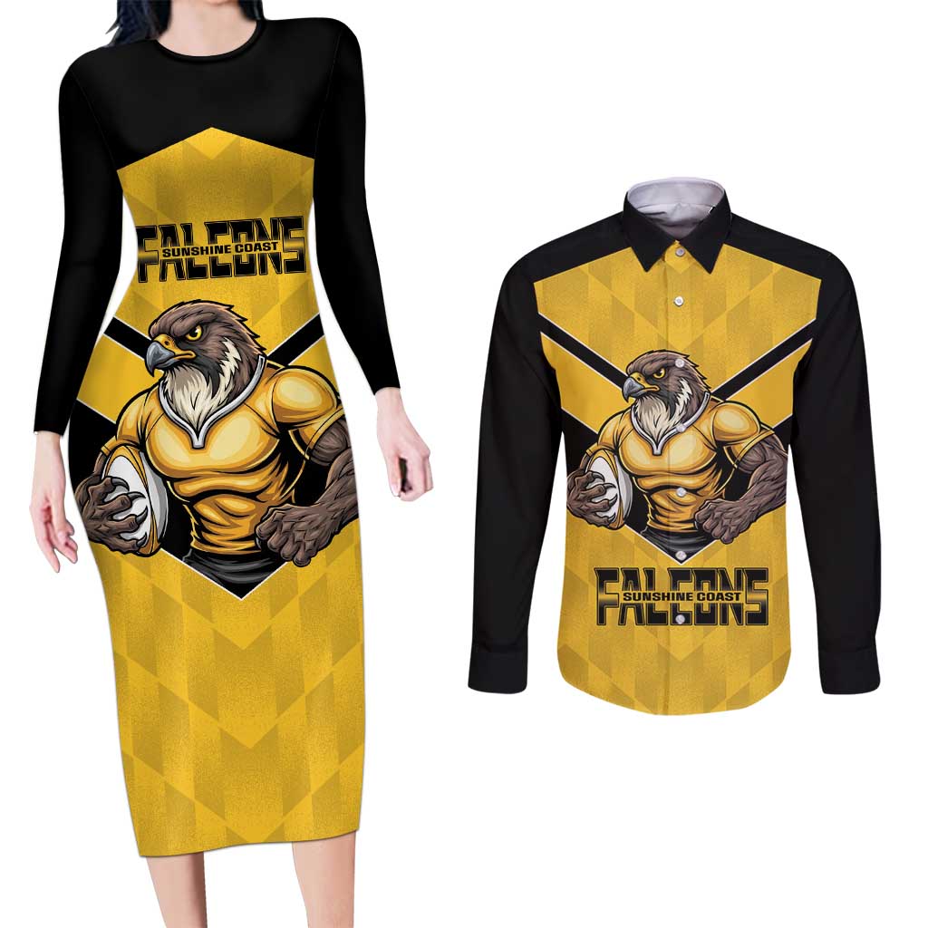 Sunshine Coast Rugby Custom Couples Matching Long Sleeve Bodycon Dress and Long Sleeve Button Shirt Go Falcons Mascot Sporty Style - Aussie Hoodie