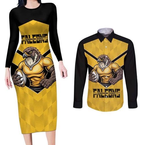 Sunshine Coast Rugby Custom Couples Matching Long Sleeve Bodycon Dress and Long Sleeve Button Shirt Go Falcons Mascot Sporty Style - Aussie Hoodie
