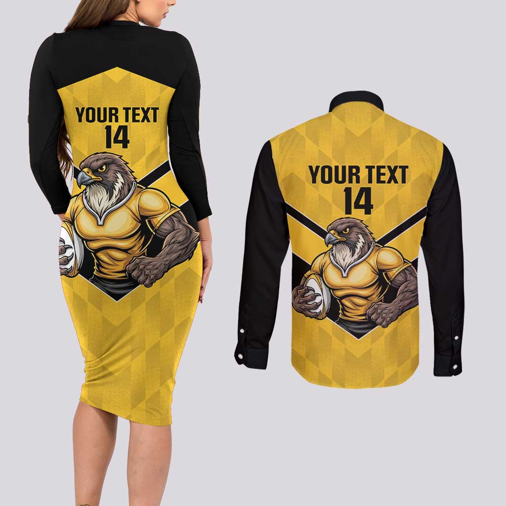Sunshine Coast Rugby Custom Couples Matching Long Sleeve Bodycon Dress and Long Sleeve Button Shirt Go Falcons Mascot Sporty Style - Aussie Hoodie