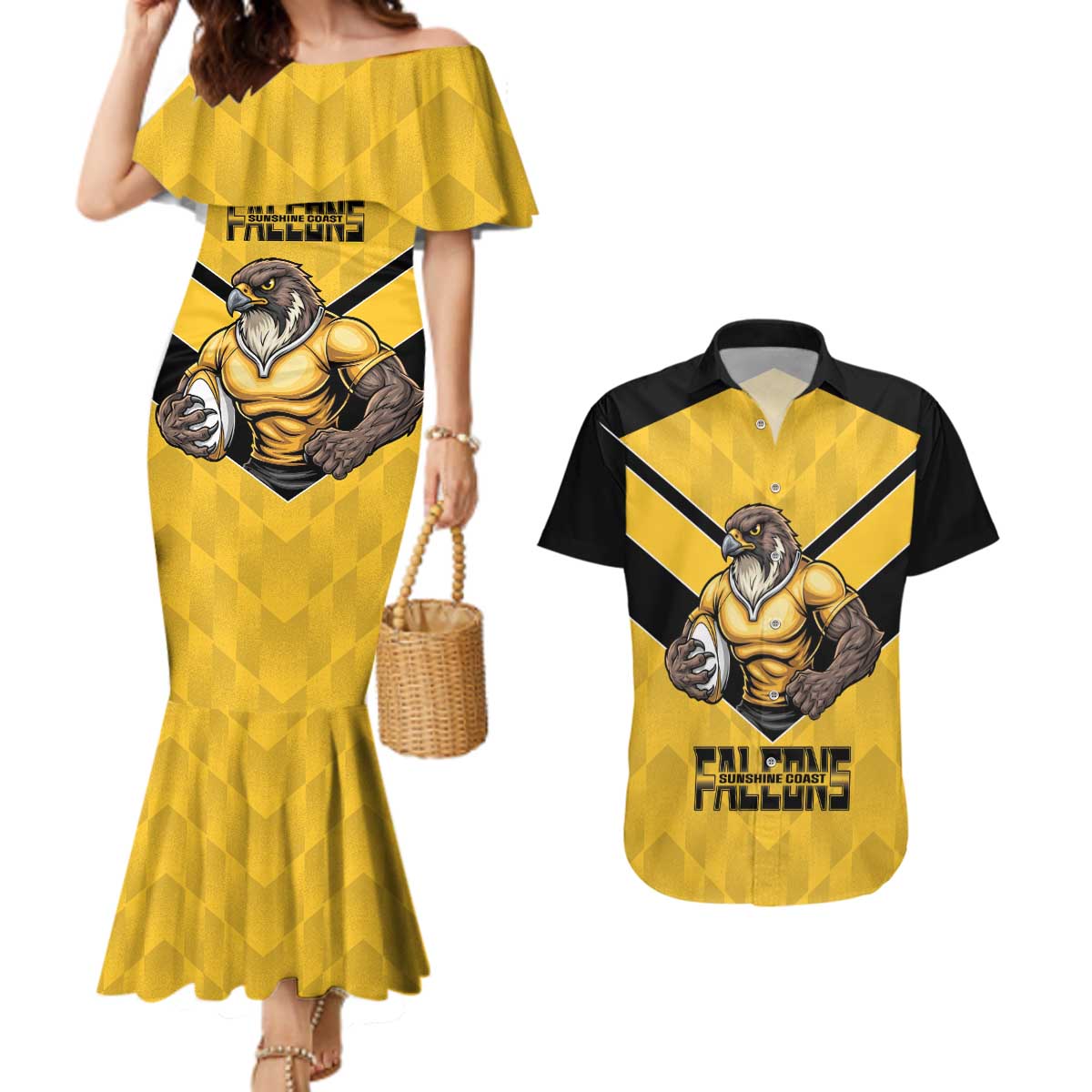 Sunshine Coast Rugby Custom Couples Matching Mermaid Dress and Hawaiian Shirt Go Falcons Mascot Sporty Style - Aussie Hoodie