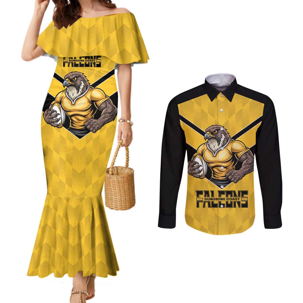 Sunshine Coast Rugby Custom Couples Matching Mermaid Dress and Long Sleeve Button Shirt Go Falcons Mascot Sporty Style - Aussie Hoodie