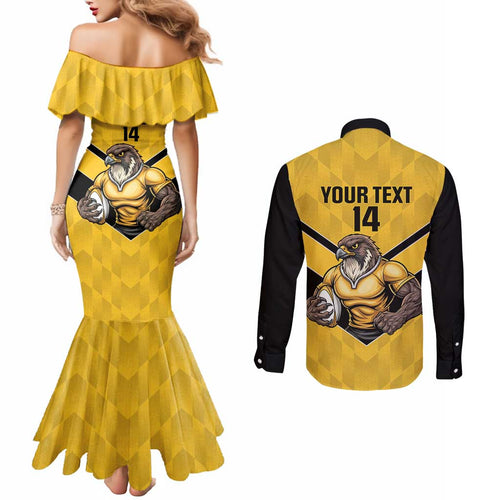 Sunshine Coast Rugby Custom Couples Matching Mermaid Dress and Long Sleeve Button Shirt Go Falcons Mascot Sporty Style - Aussie Hoodie