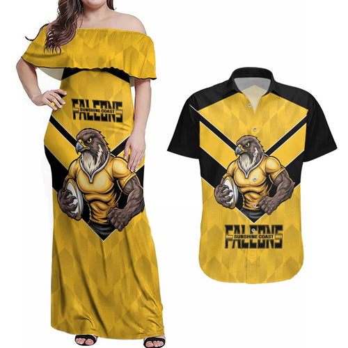 Sunshine Coast Rugby Custom Couples Matching Off Shoulder Maxi Dress and Hawaiian Shirt Go Falcons Mascot Sporty Style - Aussie Hoodie