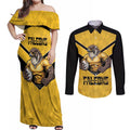 Sunshine Coast Rugby Custom Couples Matching Off Shoulder Maxi Dress and Long Sleeve Button Shirt Go Falcons Mascot Sporty Style - Aussie Hoodie