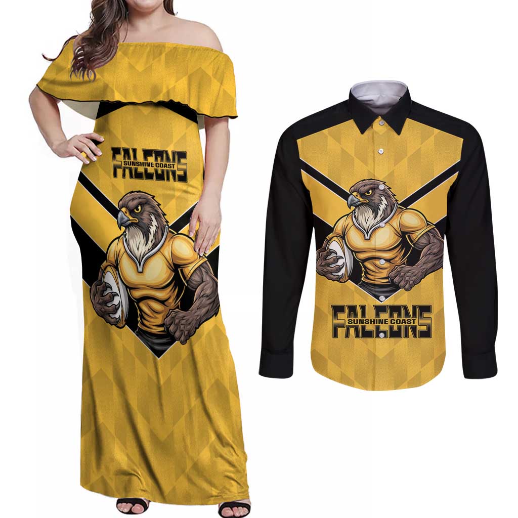 Sunshine Coast Rugby Custom Couples Matching Off Shoulder Maxi Dress and Long Sleeve Button Shirt Go Falcons Mascot Sporty Style - Aussie Hoodie