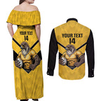 Sunshine Coast Rugby Custom Couples Matching Off Shoulder Maxi Dress and Long Sleeve Button Shirt Go Falcons Mascot Sporty Style - Aussie Hoodie