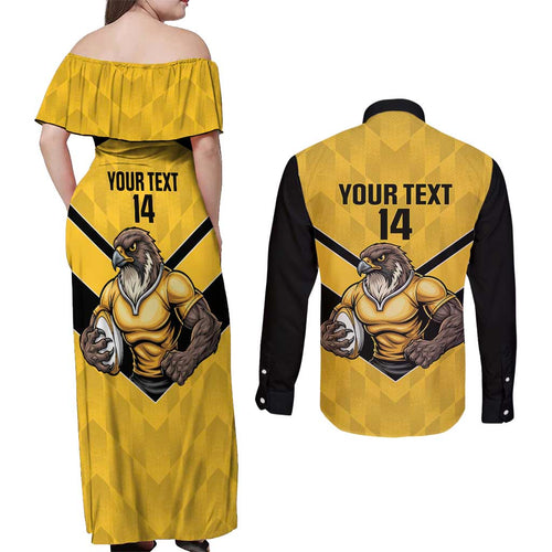 Sunshine Coast Rugby Custom Couples Matching Off Shoulder Maxi Dress and Long Sleeve Button Shirt Go Falcons Mascot Sporty Style - Aussie Hoodie