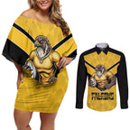 Sunshine Coast Rugby Custom Couples Matching Off Shoulder Short Dress and Long Sleeve Button Shirt Go Falcons Mascot Sporty Style - Aussie Hoodie