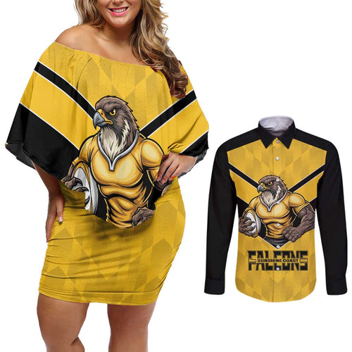 Sunshine Coast Rugby Custom Couples Matching Off Shoulder Short Dress and Long Sleeve Button Shirt Go Falcons Mascot Sporty Style - Aussie Hoodie