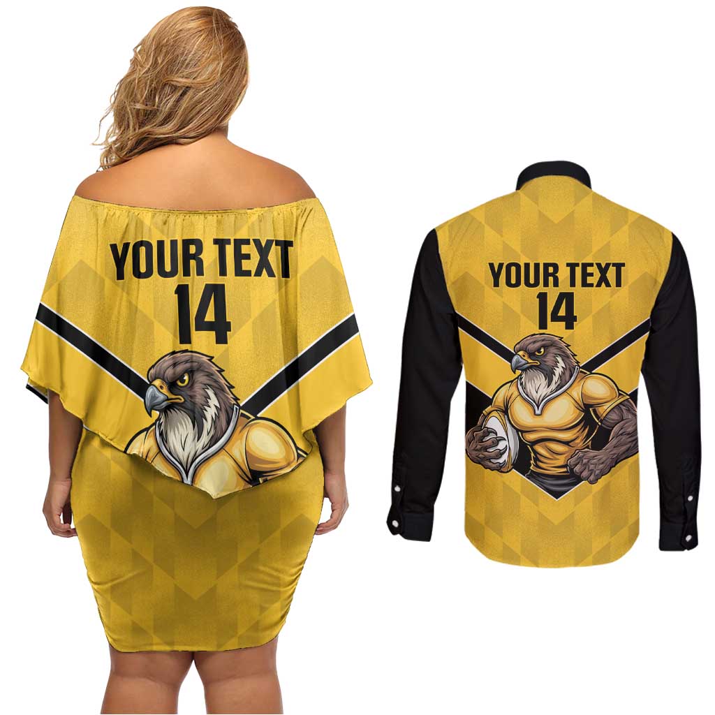 Sunshine Coast Rugby Custom Couples Matching Off Shoulder Short Dress and Long Sleeve Button Shirt Go Falcons Mascot Sporty Style - Aussie Hoodie