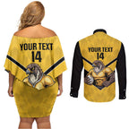 Sunshine Coast Rugby Custom Couples Matching Off Shoulder Short Dress and Long Sleeve Button Shirt Go Falcons Mascot Sporty Style - Aussie Hoodie