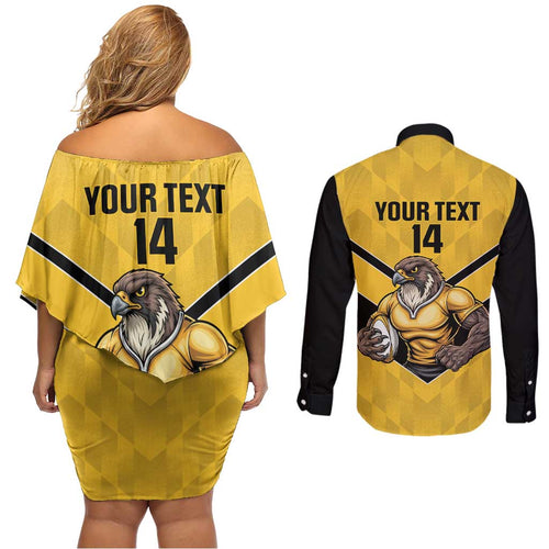 Sunshine Coast Rugby Custom Couples Matching Off Shoulder Short Dress and Long Sleeve Button Shirt Go Falcons Mascot Sporty Style - Aussie Hoodie