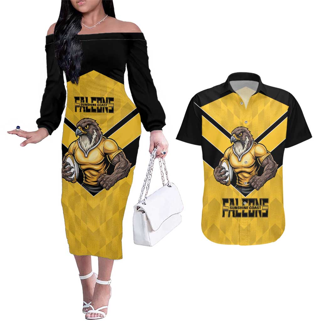 Sunshine Coast Rugby Custom Couples Matching Off The Shoulder Long Sleeve Dress and Hawaiian Shirt Go Falcons Mascot Sporty Style - Aussie Hoodie