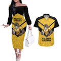 Sunshine Coast Rugby Custom Couples Matching Off The Shoulder Long Sleeve Dress and Hawaiian Shirt Go Falcons Mascot Sporty Style - Aussie Hoodie