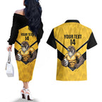Sunshine Coast Rugby Custom Couples Matching Off The Shoulder Long Sleeve Dress and Hawaiian Shirt Go Falcons Mascot Sporty Style - Aussie Hoodie