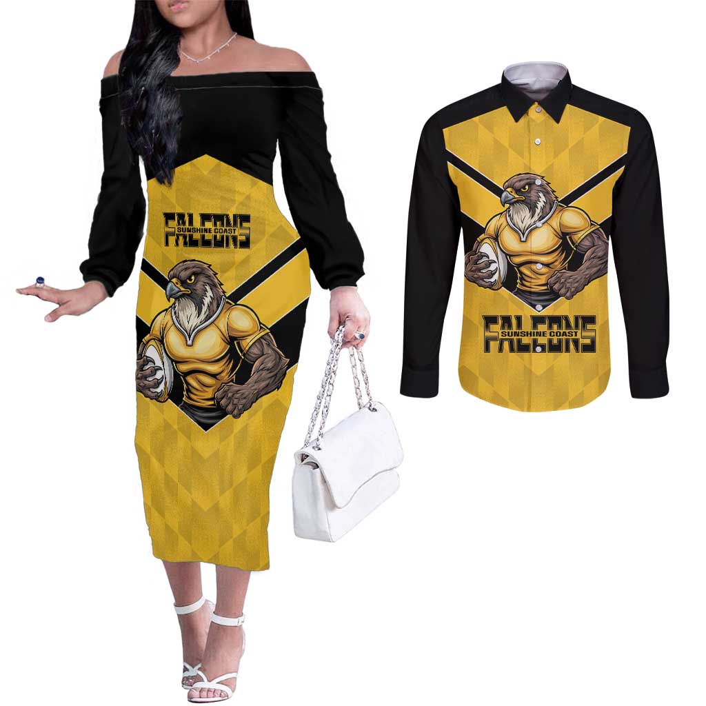 Sunshine Coast Rugby Custom Couples Matching Off The Shoulder Long Sleeve Dress and Long Sleeve Button Shirt Go Falcons Mascot Sporty Style - Aussie Hoodie