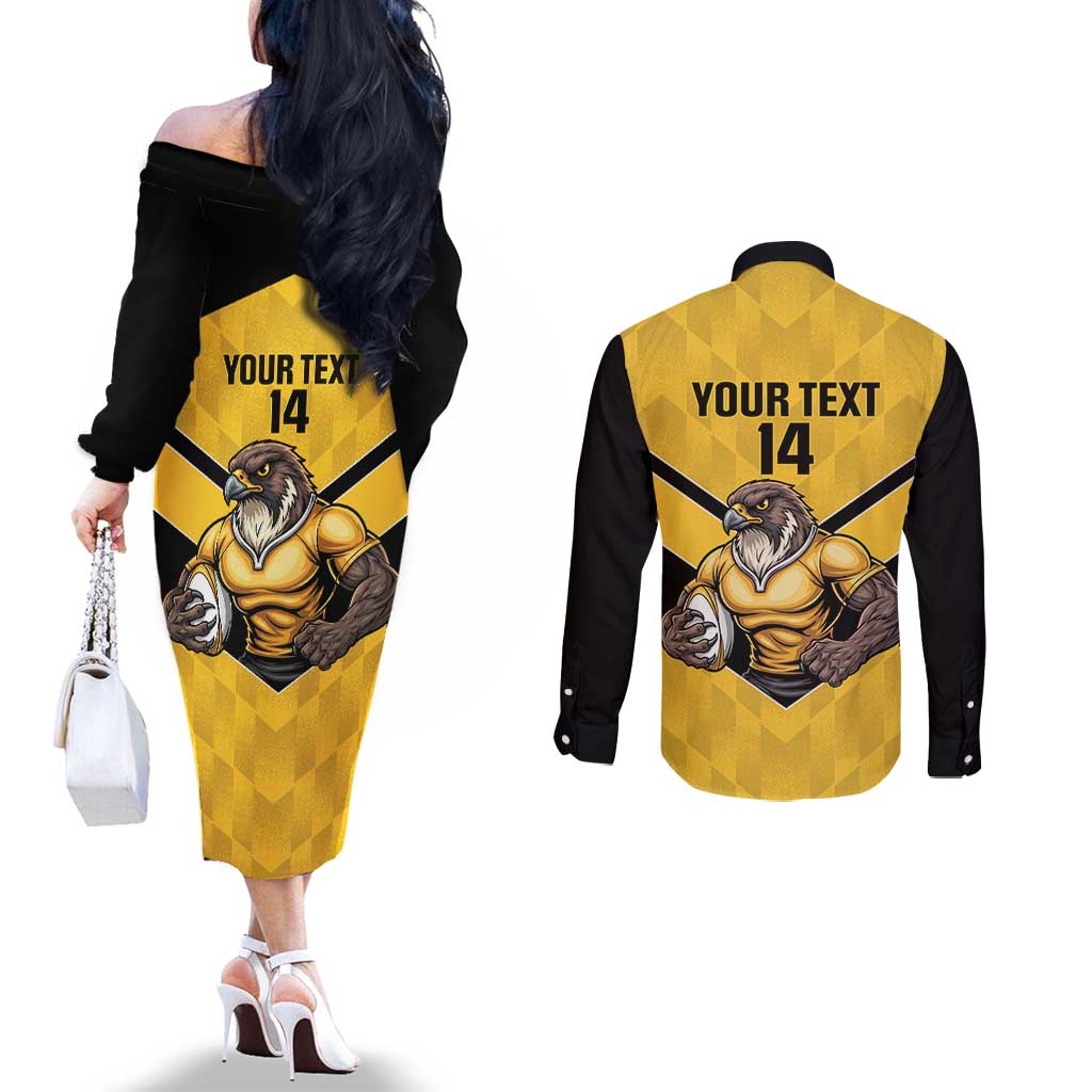 Sunshine Coast Rugby Custom Couples Matching Off The Shoulder Long Sleeve Dress and Long Sleeve Button Shirt Go Falcons Mascot Sporty Style - Aussie Hoodie
