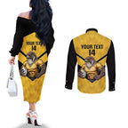 Sunshine Coast Rugby Custom Couples Matching Off The Shoulder Long Sleeve Dress and Long Sleeve Button Shirt Go Falcons Mascot Sporty Style - Aussie Hoodie