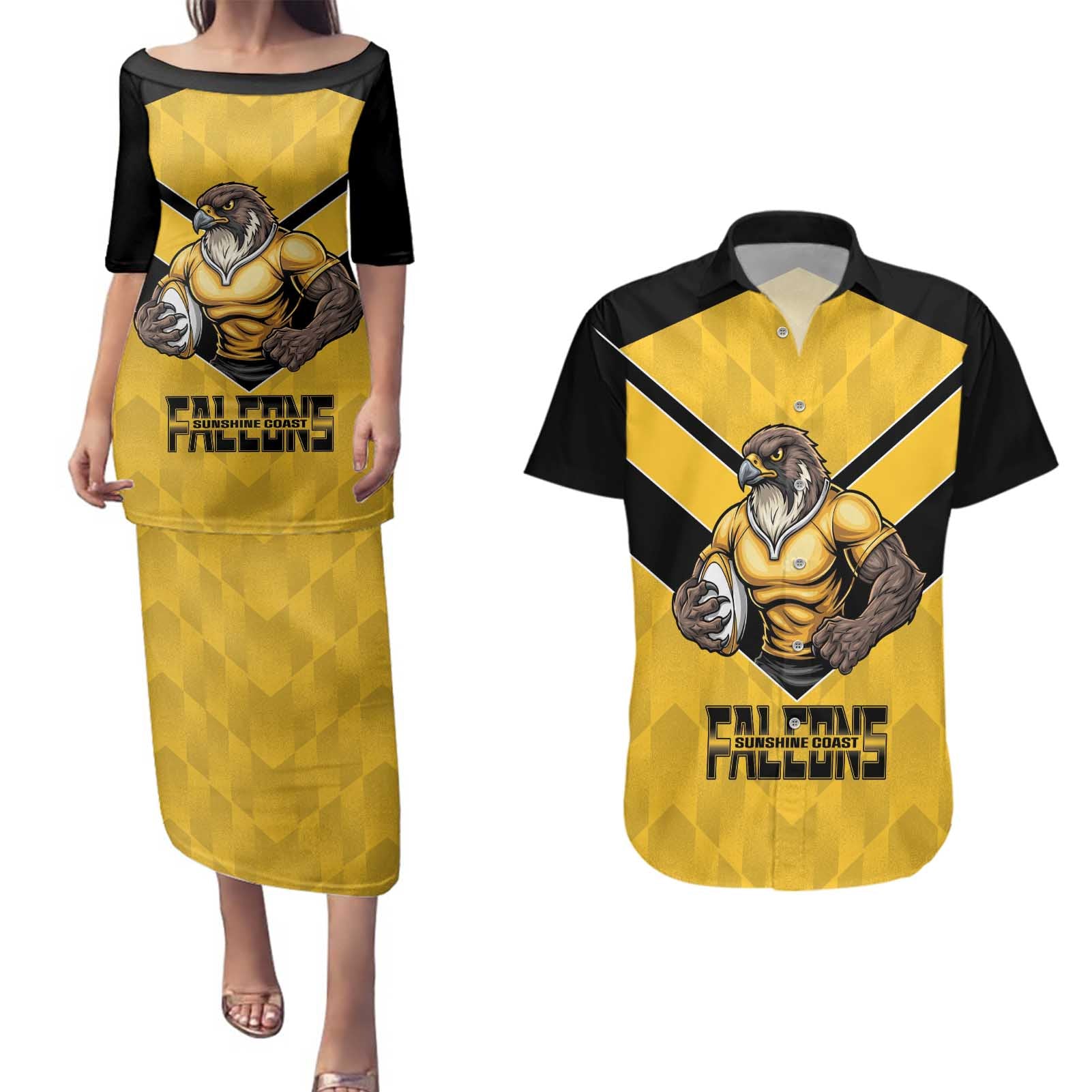 Sunshine Coast Rugby Custom Couples Matching Puletasi and Hawaiian Shirt Go Falcons Mascot Sporty Style - Aussie Hoodie
