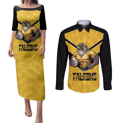 Sunshine Coast Rugby Custom Couples Matching Puletasi and Long Sleeve Button Shirt Go Falcons Mascot Sporty Style - Aussie Hoodie