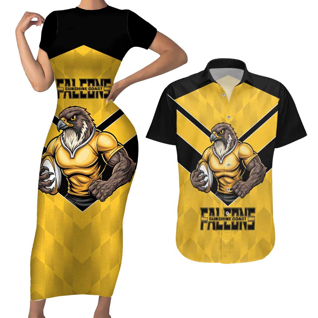 Sunshine Coast Rugby Custom Couples Matching Short Sleeve Bodycon Dress and Hawaiian Shirt Go Falcons Mascot Sporty Style - Aussie Hoodie