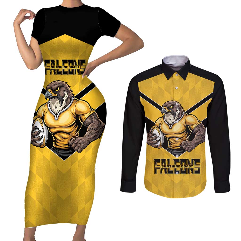Sunshine Coast Rugby Custom Couples Matching Short Sleeve Bodycon Dress and Long Sleeve Button Shirt Go Falcons Mascot Sporty Style - Aussie Hoodie