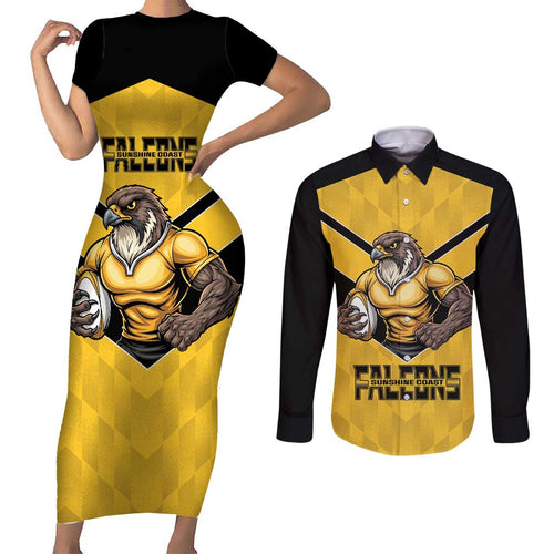 Sunshine Coast Rugby Custom Couples Matching Short Sleeve Bodycon Dress and Long Sleeve Button Shirt Go Falcons Mascot Sporty Style - Aussie Hoodie