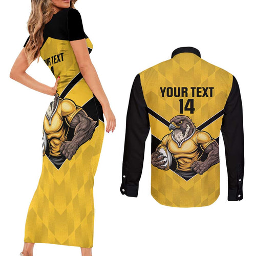 Sunshine Coast Rugby Custom Couples Matching Short Sleeve Bodycon Dress and Long Sleeve Button Shirt Go Falcons Mascot Sporty Style - Aussie Hoodie