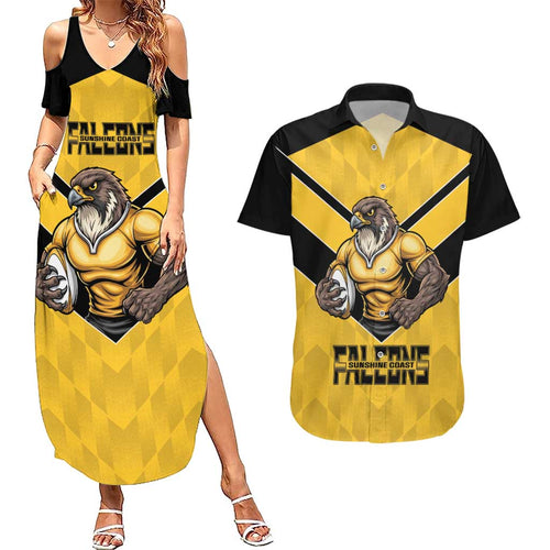 Sunshine Coast Rugby Custom Couples Matching Summer Maxi Dress and Hawaiian Shirt Go Falcons Mascot Sporty Style - Aussie Hoodie