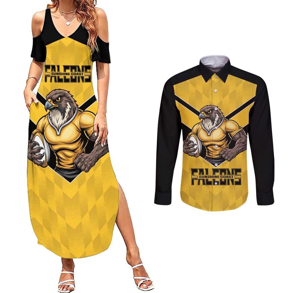 Sunshine Coast Rugby Custom Couples Matching Summer Maxi Dress and Long Sleeve Button Shirt Go Falcons Mascot Sporty Style - Aussie Hoodie
