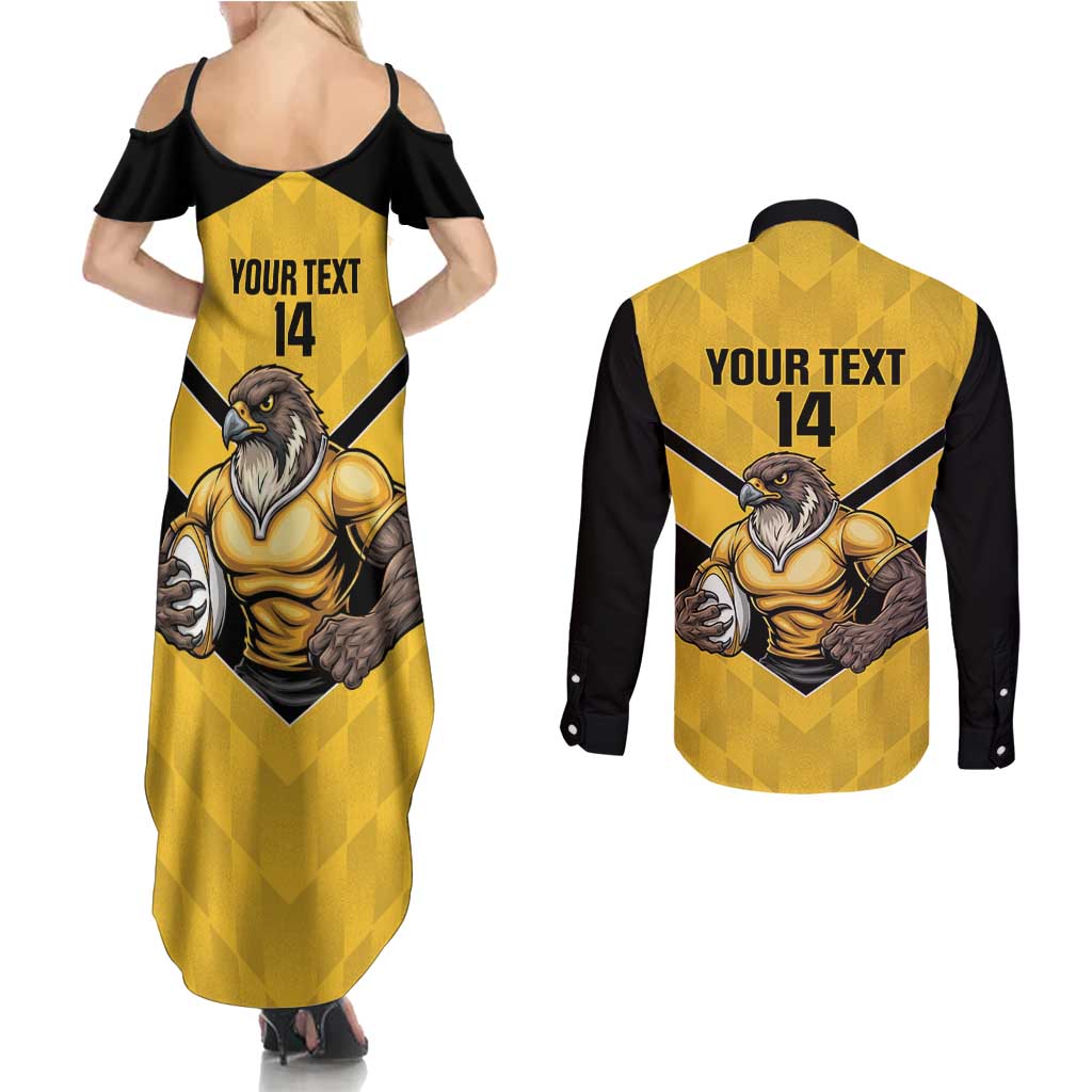 Sunshine Coast Rugby Custom Couples Matching Summer Maxi Dress and Long Sleeve Button Shirt Go Falcons Mascot Sporty Style - Aussie Hoodie