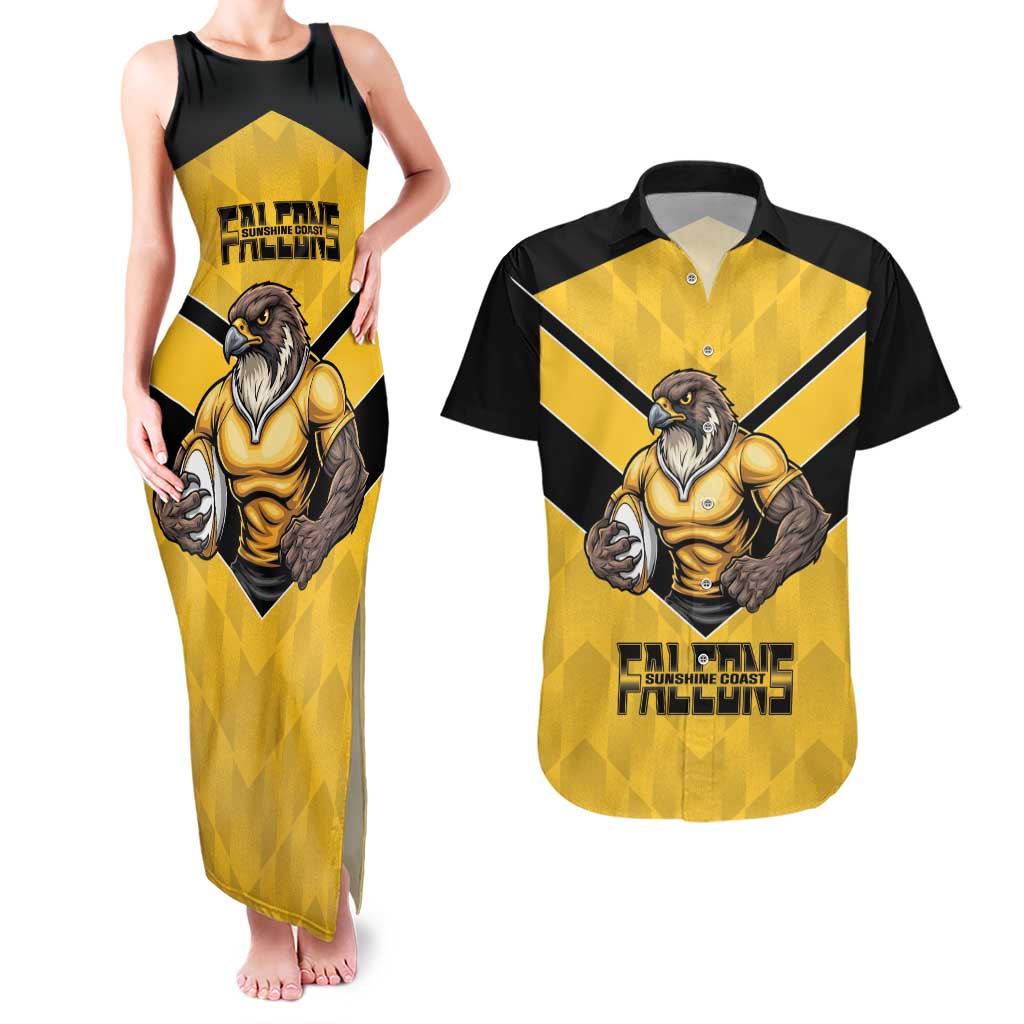 Sunshine Coast Rugby Custom Couples Matching Tank Maxi Dress and Hawaiian Shirt Go Falcons Mascot Sporty Style - Aussie Hoodie