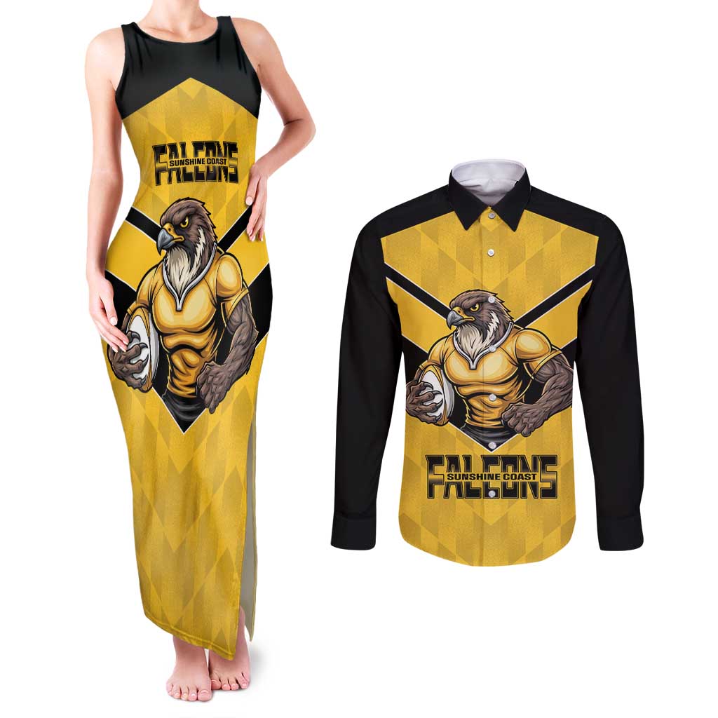 Sunshine Coast Rugby Custom Couples Matching Tank Maxi Dress and Long Sleeve Button Shirt Go Falcons Mascot Sporty Style - Aussie Hoodie