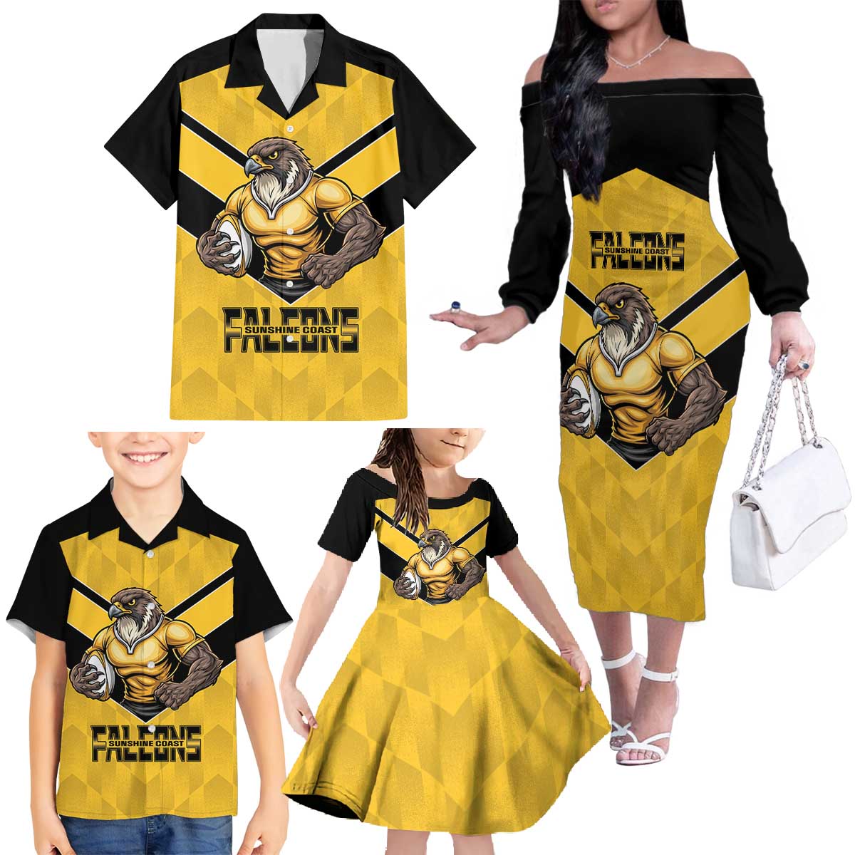 Sunshine Coast Rugby Custom Family Matching Off The Shoulder Long Sleeve Dress and Hawaiian Shirt Go Falcons Mascot Sporty Style - Aussie Hoodie