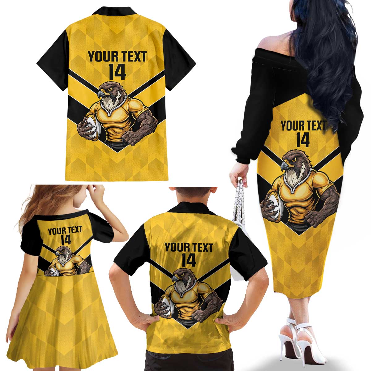 Sunshine Coast Rugby Custom Family Matching Off The Shoulder Long Sleeve Dress and Hawaiian Shirt Go Falcons Mascot Sporty Style - Aussie Hoodie