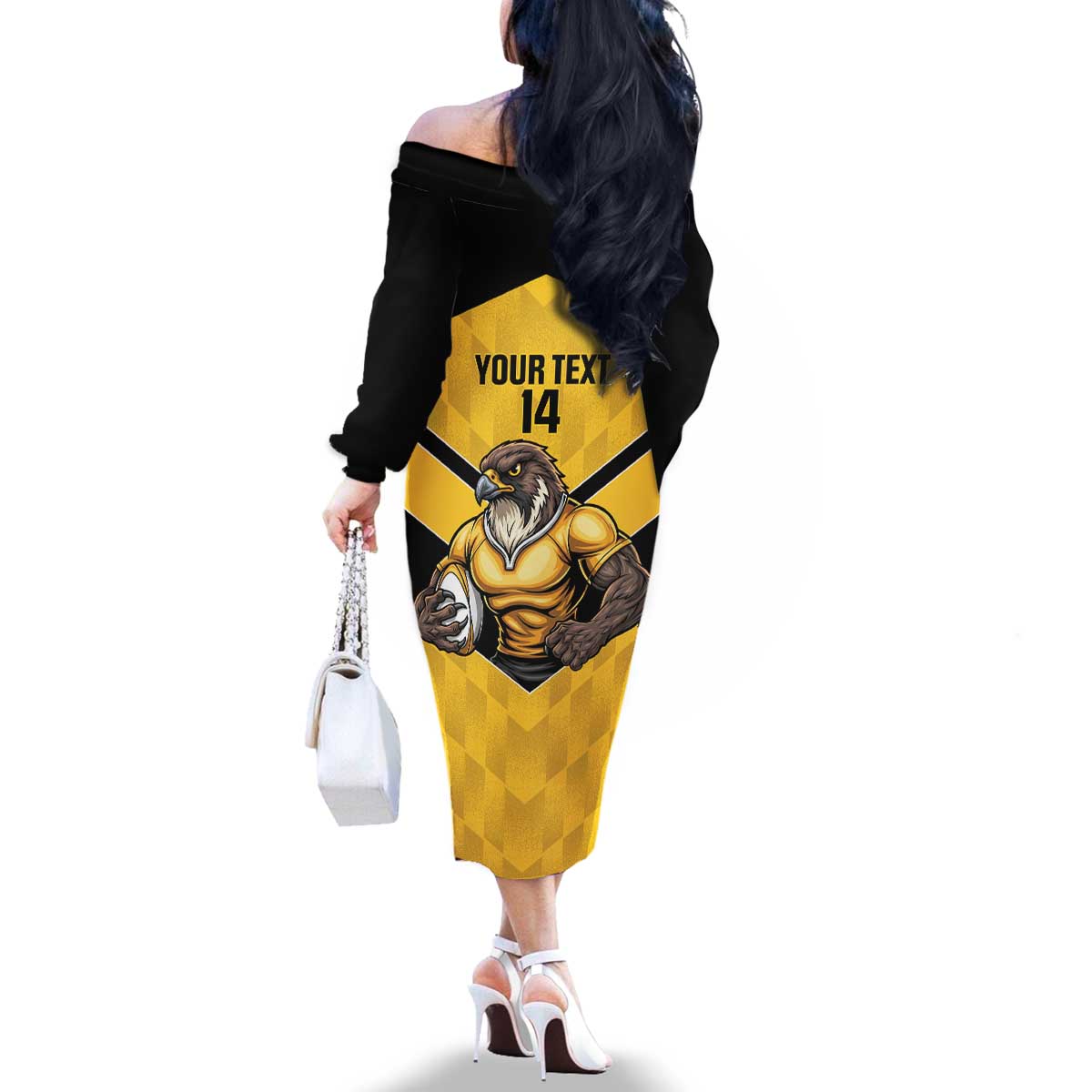 Sunshine Coast Rugby Custom Family Matching Off The Shoulder Long Sleeve Dress and Hawaiian Shirt Go Falcons Mascot Sporty Style - Aussie Hoodie