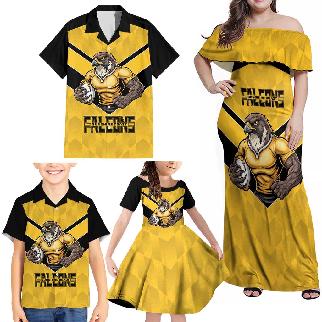 Sunshine Coast Rugby Custom Family Matching Off Shoulder Maxi Dress and Hawaiian Shirt Go Falcons Mascot Sporty Style - Aussie Hoodie