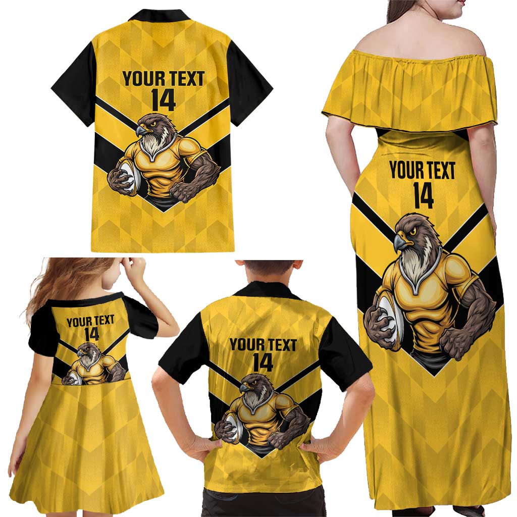Sunshine Coast Rugby Custom Family Matching Off Shoulder Maxi Dress and Hawaiian Shirt Go Falcons Mascot Sporty Style - Aussie Hoodie