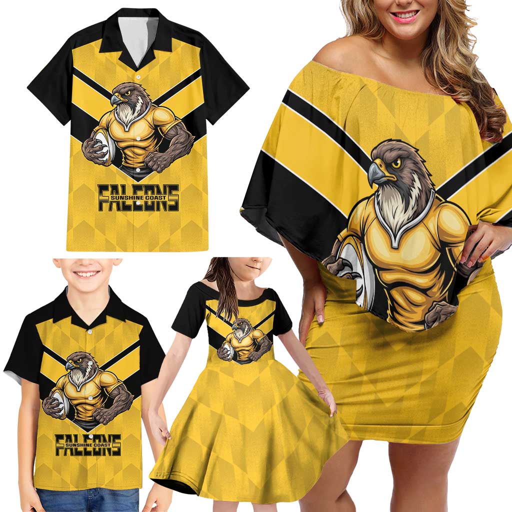 Sunshine Coast Rugby Custom Family Matching Off Shoulder Short Dress and Hawaiian Shirt Go Falcons Mascot Sporty Style - Aussie Hoodie