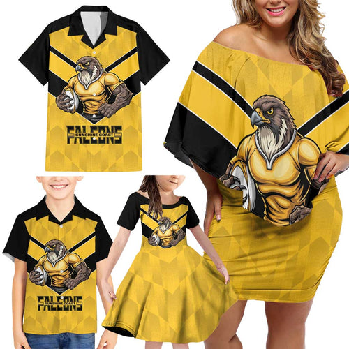 Sunshine Coast Rugby Custom Family Matching Off Shoulder Short Dress and Hawaiian Shirt Go Falcons Mascot Sporty Style - Aussie Hoodie