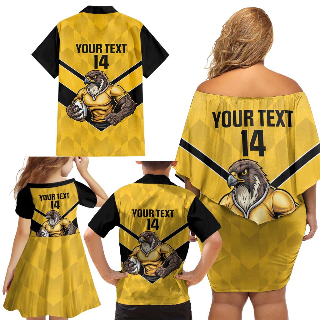Sunshine Coast Rugby Custom Family Matching Off Shoulder Short Dress and Hawaiian Shirt Go Falcons Mascot Sporty Style - Aussie Hoodie