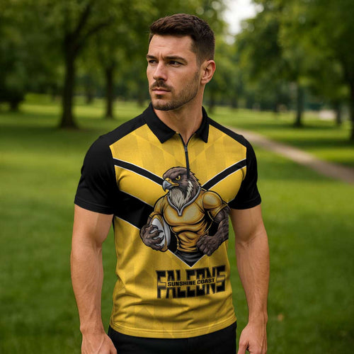Sunshine Coast Rugby Custom Zipper Polo Shirt Go Falcons Mascot Sporty Style - Aussie Hoodie