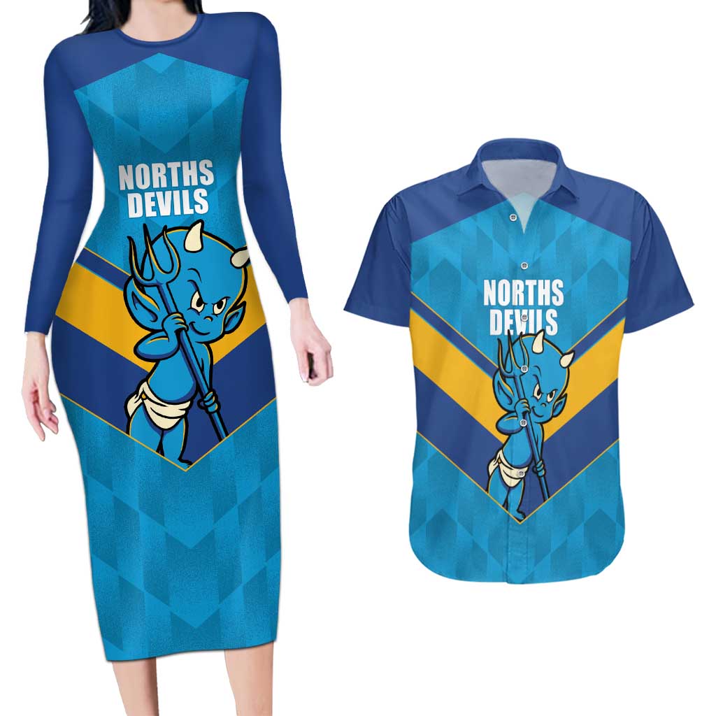Norths Rugby Custom Couples Matching Long Sleeve Bodycon Dress and Hawaiian Shirt Go Devils Mascot Sporty Style - Aussie Hoodie